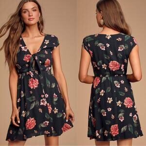 Lulus Gables Floral Print Tie-Front Skater Dress
